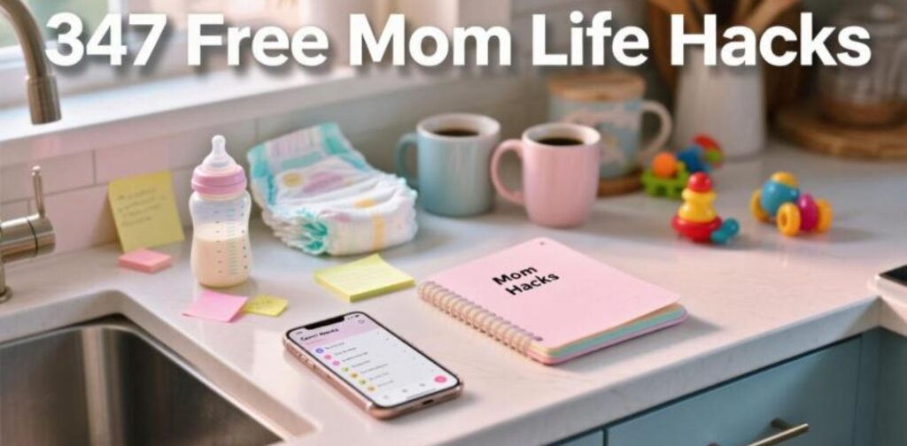 Collection of 347 free mom life hacks to simplify parenting, home management, and daily routines.