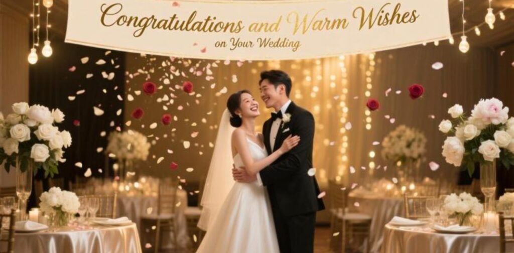 A heartfelt congratulatory message expressing warm wishes and blessings for a newlywed couple on their wedding day.