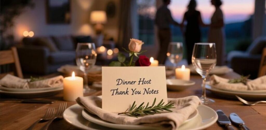 Warm thank you notes for dinner hosts expressing gratitude for hospitality, kindness, and a memorable evening.