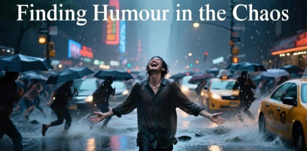 A person finding moments of laughter and humor amid life's chaos and challenges.