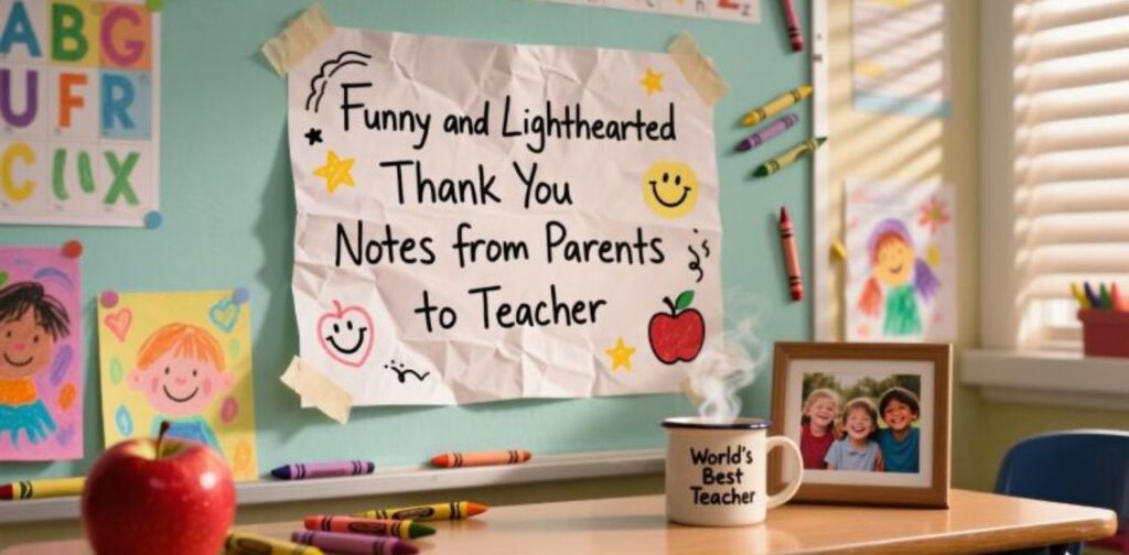 Funny and lighthearted thank you notes from parents to teachers – humorous appreciation messages expressing gratitude with joy.