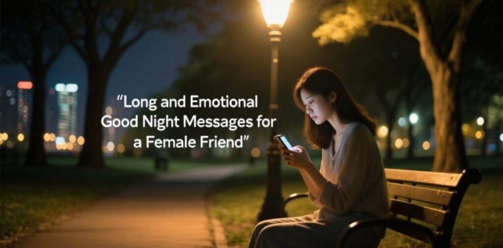 Long and emotional good night messages to share with a female friend, expressing care, love, and heartfelt wishes.