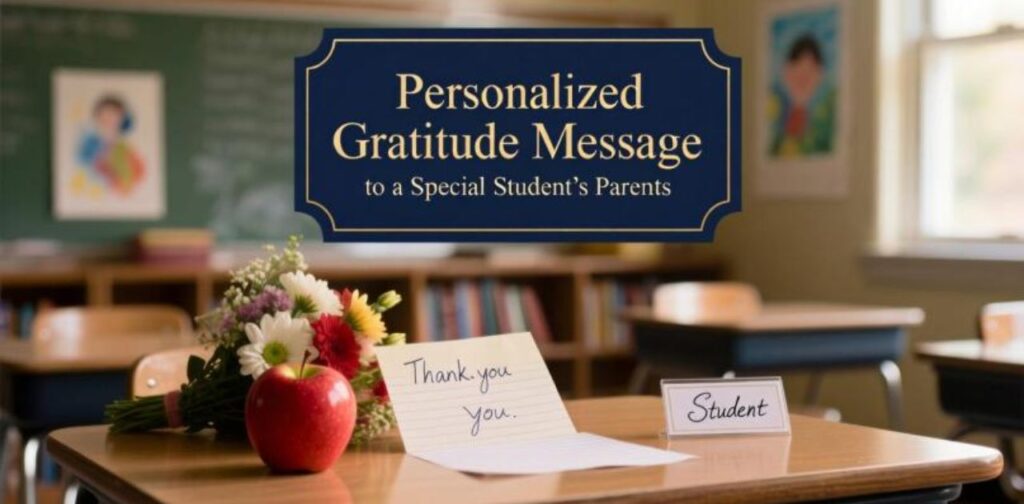 Personalized gratitude message expressing heartfelt thanks to a special student’s parents for their support and encouragement