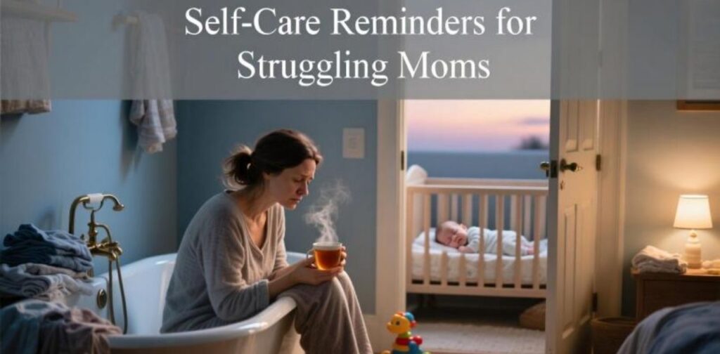 A comforting reminder for struggling moms to practice self-care and prioritize their well-being.