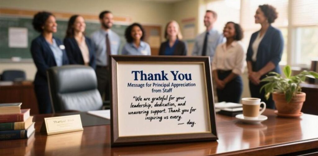 Heartfelt thank you message from school staff showing appreciation for principal’s leadership and support.