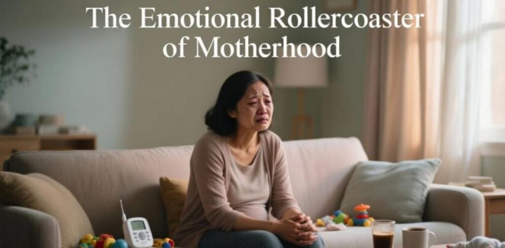 A mother experiencing the emotional highs and lows of motherhood, reflecting love, joy, exhaustion, and challenges in her journey.