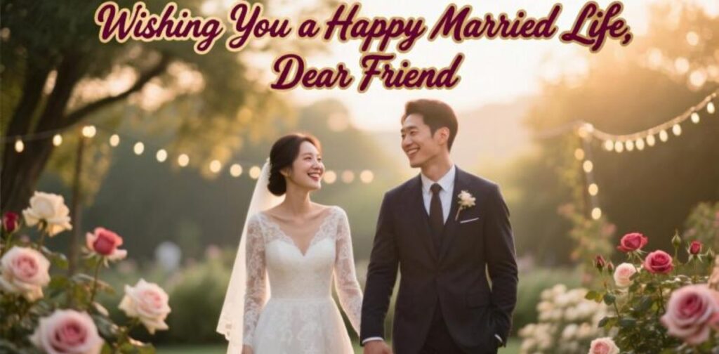 A heartfelt wedding wish saying Wishing You a Happy Married Life, Dear Friend” expressing love, blessings, and warm congratulations for a newly married couple.