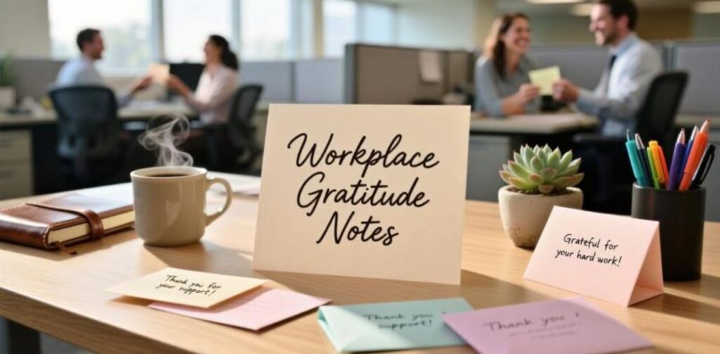 Professional workplace gratitude notes to appreciate colleagues, team support, and office kindness.